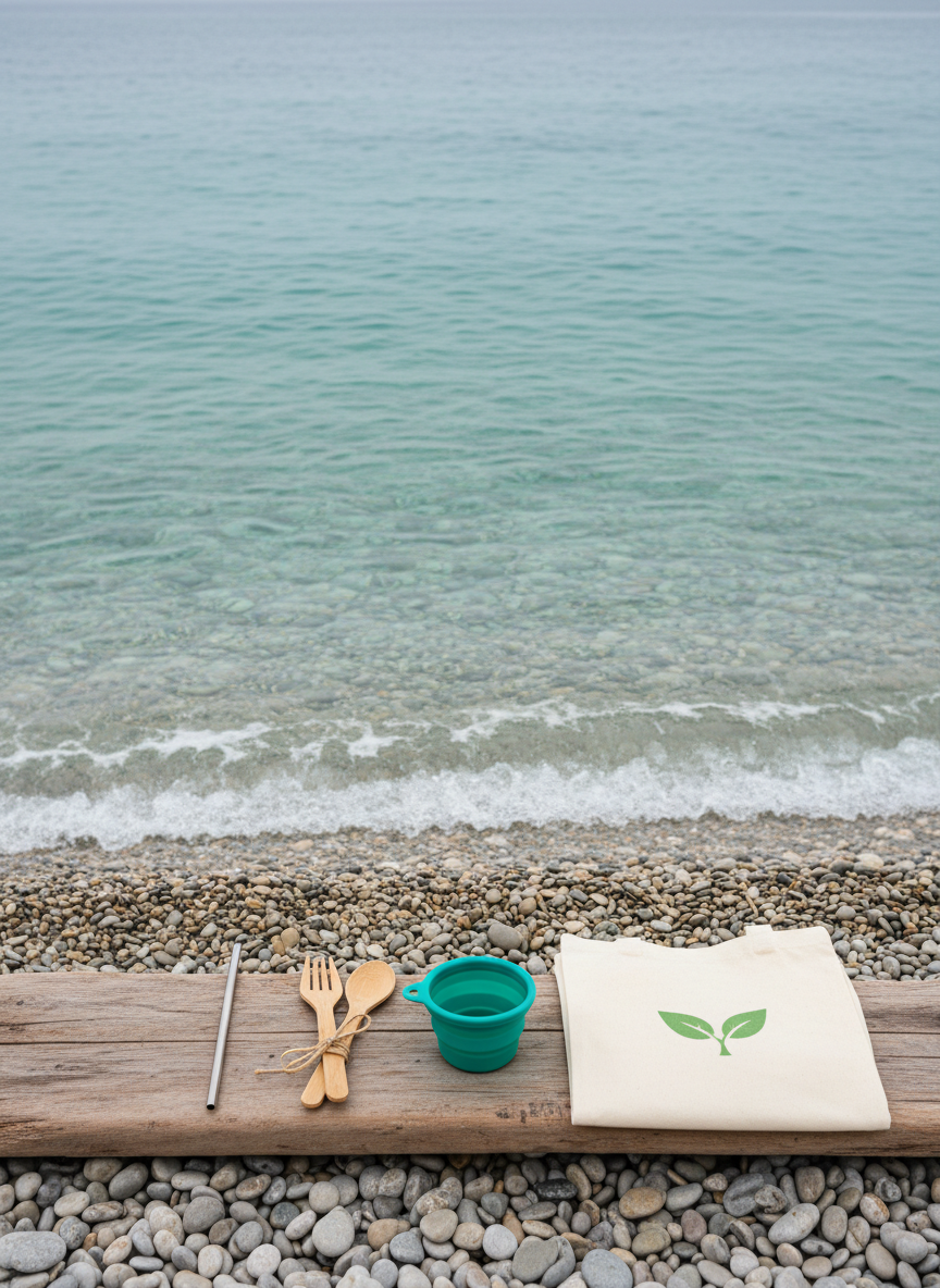 A pristine, crystal-clear ocean shoreline where small, smooth pebbles meet gentle turquoise waves, completely free of plastic or debris. In the foreground, a neatly arranged row of reusable items—stainless steel straw, bamboo cutlery, a collapsible silicone cup, and a cotton tote bag with a green leaf emblem—rests on a clean, weathered driftwood plank. Diffused overcast daylight softens the colors and eliminates harsh shadows, creating a serene, professional mood. Captured in photographic realism from a slightly elevated angle using the rule of thirds, the composition draws the eye from the sustainable tools to the unspoiled water, visually reinforcing plastic-free habits and a cleaner planet.