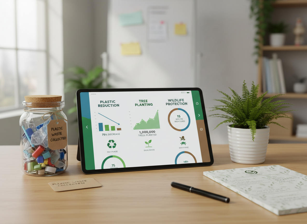 A clean, modern workspace dedicated to environmental action, featuring a large digital tablet displaying a color-coded dashboard of plastic reduction, tree planting counts, and wildlife protection metrics, all in professional greens and blues. The tablet rests on a light bamboo desk alongside a neatly labeled glass jar of collected plastic waste, a small potted native plant, and a recycled-paper notebook printed with a subtle leaf pattern. Soft, indirect daylight from a nearby window creates a balanced, shadow-free illumination. Captured in photographic realism from a slightly elevated angle with a shallow depth of field, the composition centers on the screen while surrounding sustainable materials frame it, conveying organized, data-driven impact for a youth-focused environmental nonprofit.