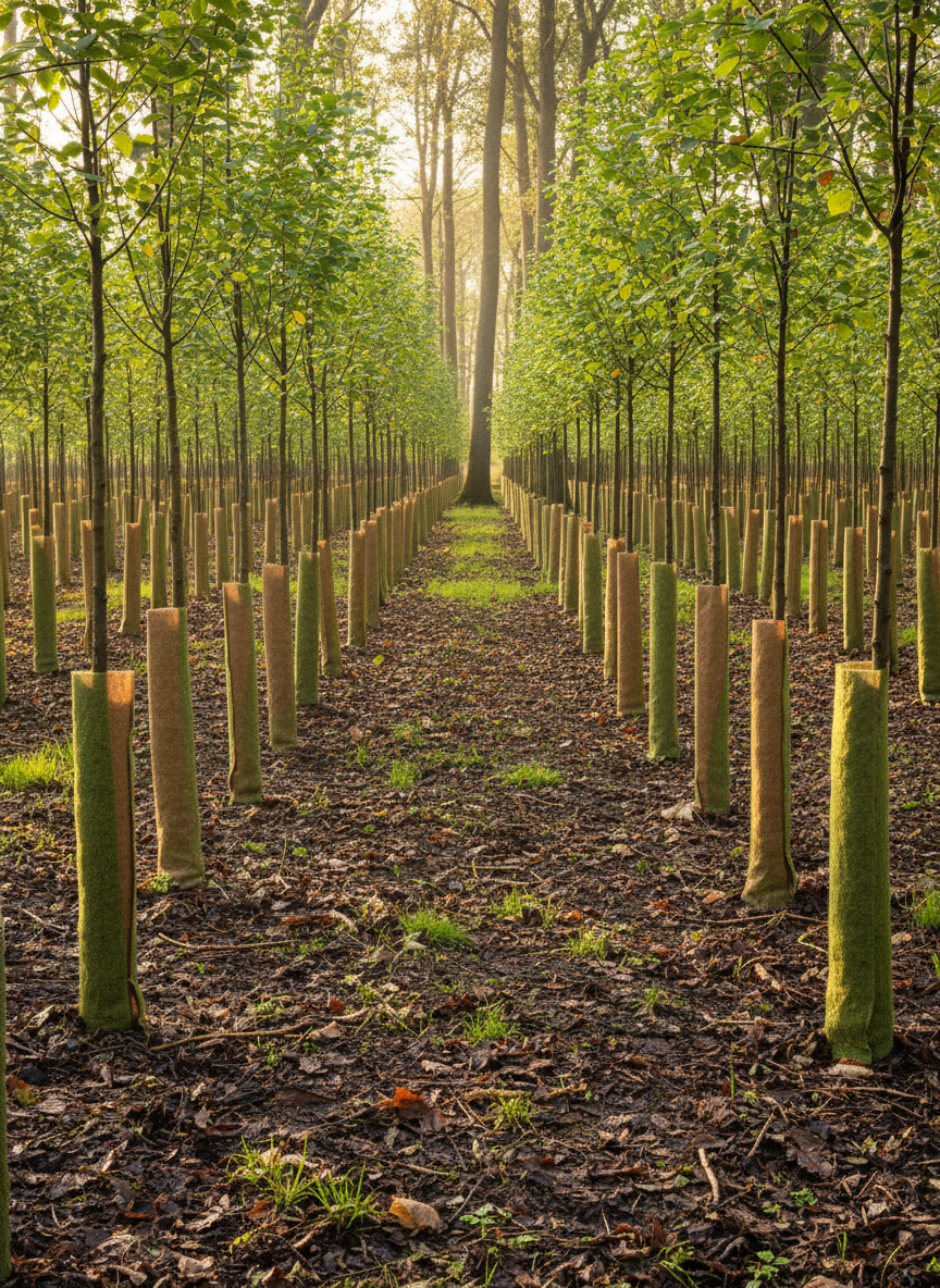 A dense, newly planted forest clearing with rows of young trees, each protected by slim, biodegradable tree guards in muted earth tones, their leaves a vibrant array of fresh greens. The ground is covered in moist, dark soil and scattered organic mulch, with small shoots of grass beginning to appear between the saplings. Soft golden hour light filters through older trees at the edge of the clearing, casting warm highlights on the young trunks and creating long, gentle shadows. Shot in photographic realism with a wide-angle lens and sharp focus throughout, the composition uses a leading path of saplings to convey depth and momentum, evoking a feeling of organized, hopeful reforestation.