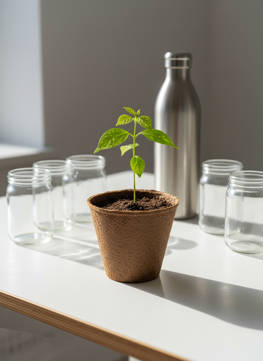 A young, vibrant sapling with bright green leaves emerges from rich, dark soil in a simple biodegradable pot made of compressed brown fibers, tiny droplets of water clinging to its delicate stem. It is placed at the center of a clean white tabletop with subtle wood grain edging, surrounded by neatly arranged reusable glass jars and a stainless-steel water bottle in soft focus. Gentle morning sunlight streams in from the left, casting soft, elongated shadows and creating a calm, hopeful atmosphere. Photographic realism, shot at eye level with a shallow depth of field, emphasizes the sapling’s fresh growth and symbolizes youth-led environmental change in a modern, professional, and minimal setting.