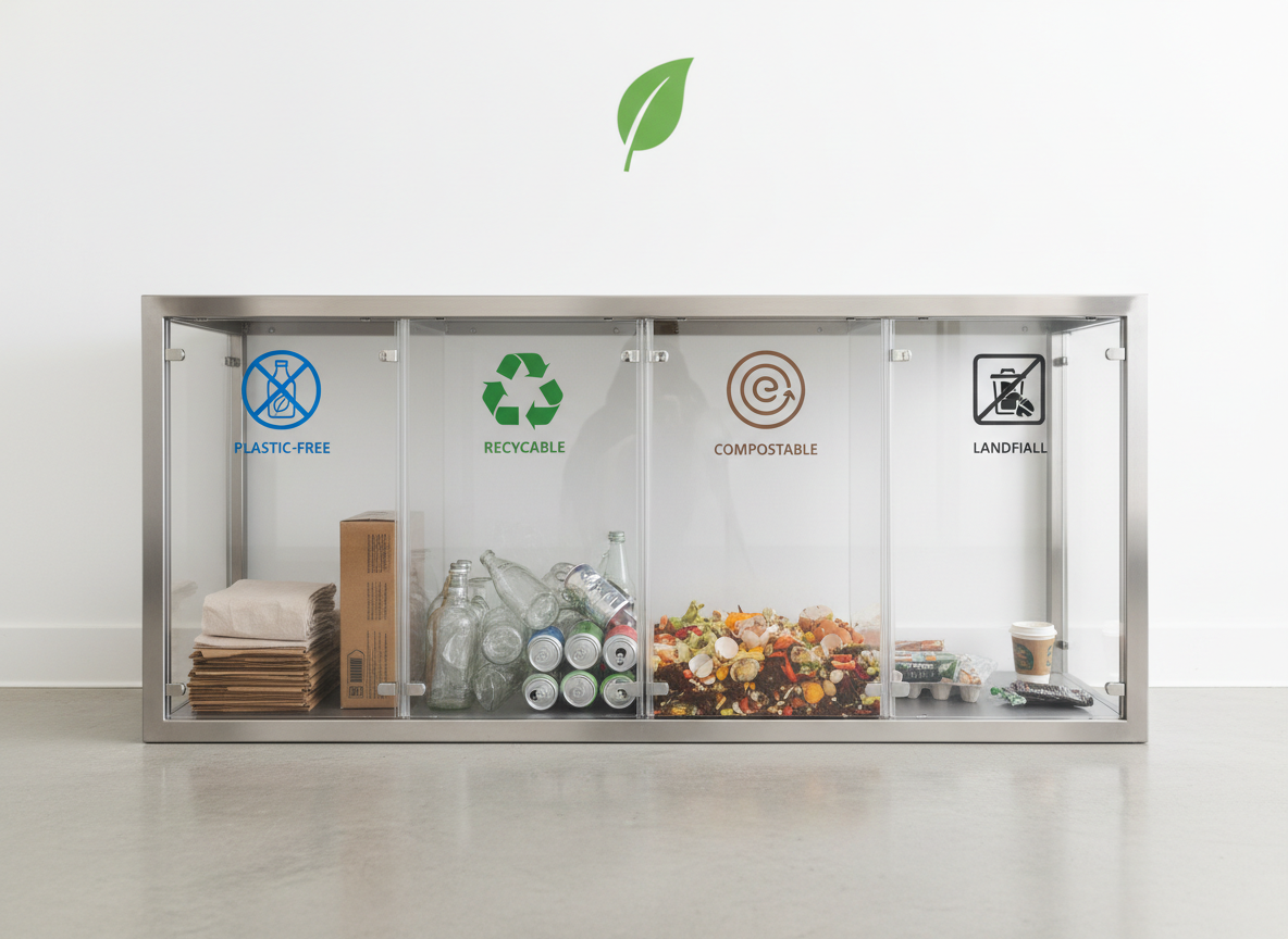 A close-up of a transparent, compartmentalized recycling and compost station made of brushed stainless steel and clear panels, each bin marked with bold, color-coded icons for plastic-free, recyclable, compostable, and landfill materials. Inside the bins, visible contents are neatly sorted: clean paper, glass, and organic scraps without contamination or mess. The station stands on a polished concrete floor with a subtle reflection, against a smooth white wall adorned with a single minimalist green leaf symbol. Bright, diffused indoor lighting keeps the scene evenly lit and clinical yet approachable. Photographic realism with a slightly low-angle, centered composition emphasizes clarity, order, and professional waste management practices aligned with a cleaner planet.