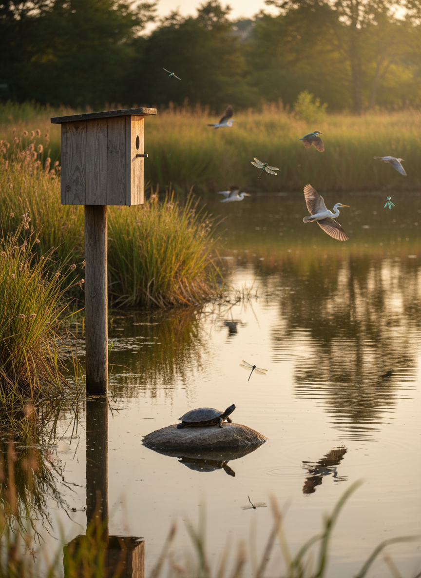 A tranquil wildlife sanctuary scene featuring a clear freshwater pond bordered by reeds and native grasses, with a well-maintained wooden nesting box elevated on a sturdy post near the water’s edge. A variety of non-human life—such as a small turtle sunning on a flat rock, dragonflies hovering above the surface, and birds in flight reflected on the water—is present without human-made disturbance. Soft late afternoon sunlight creates a warm, natural glow and crisp reflections in the still pond. Photographic realism, eye-level composition with moderate depth of field keeps both foreground habitat structures and background greenery in sharp focus, conveying careful, professional wildlife protection and habitat restoration.